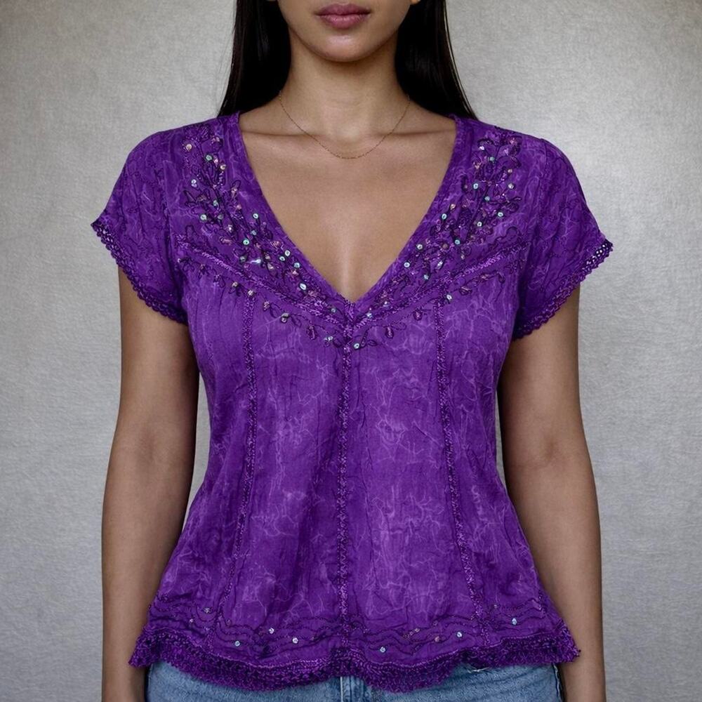 Vintage Y2K Purple Embellished Beaded 2000s Festival Boho Fairy Top Size S